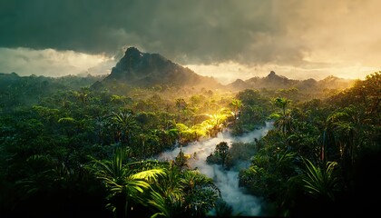 Poster - A thick fog settled between the trees in the mountain tropics. 3D rendering