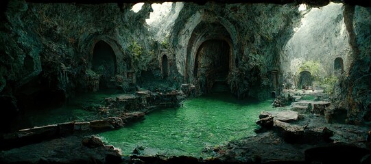 Poster - The sun's rays shine into an underground cave with a pool of water inside. 3D rendering.