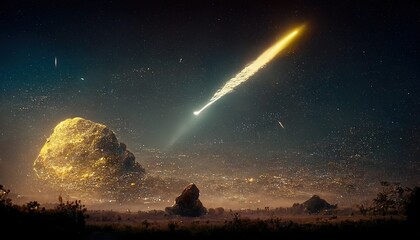 Poster - A comet flies across the starry sky toward the desert. 3D rendering