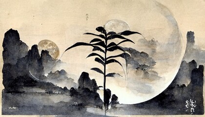 chinese traditional painting done in black ink on white canvas. 3d rendering