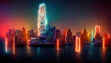 The Nocturnal Developed Metropolis Stands On The River. 3D Rendering