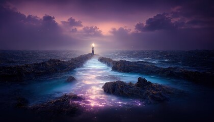 Poster - At the end of the stone ridge stands a lonely lighthouse. 3D rendering