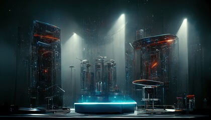 Poster - A lot of ectronic shades stand in the lab. 3D illustration.