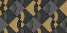 3d Illustration. Seamless Geometric Wallpaper Made Of Matte Black Gray Leather And Yellow Rectangles Randomly Positioned. Abstract Checkerboard. High Quality Seamless Realistic Texture.
