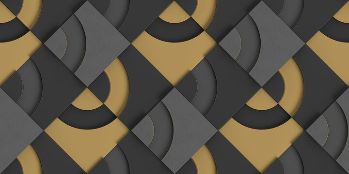 Wall Mural -  - 3d illustration. Seamless geometric wallpaper made of matte black gray leather and yellow rectangles randomly positioned. Abstract checkerboard. High quality seamless realistic texture.