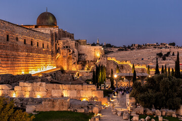 jerusalem old city at night - view from dung gate towards temple mount and al aqsa