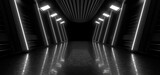 Fototapeta Przestrzenne - A dark tunnel lit by white neon lights. Reflections on the floor and walls. 3d rendering image.