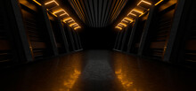 Sci Fy Neon Lamps In A Dark Corridor. Reflections On The Floor And Walls. 3d Rendering Image.