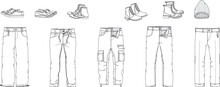 Technical Drawings Of Men's Pants And Boots, Sneakers, Shoes, And Men's Cold Caps.