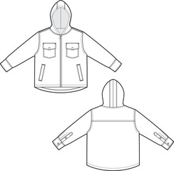 Wall Mural - Fashion technical sketch shirt with long sleeves, hood, and patch pockets in vector graphic.