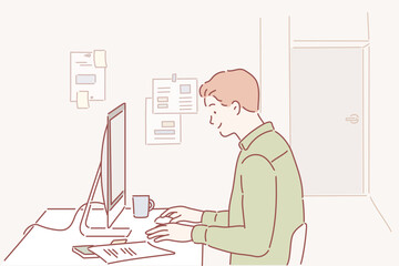 Side view shot of pensive young man sitting at home and working on laptop. Hand drawn style vector design illustrations.