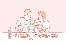 Portrait Of A Young Couple In Love On A Date, Sitting At A Restaurant Table, Drinking Wine. Hand Drawn Style Vector Design Illustrations.