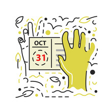 Green Zombie Hand With Calendar And Leaves. Halloween Holiday Arms Appearing From Tomb Land At Cemetery. Hands Sticking Out Of Grave. Textured Hand-drawn Flat Vector Illustration Isolated On White