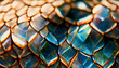 Closeup spectacular snake skin abstract crystal metal mineral texture stone colorful pattern iridescent and shiny scale background. Digital art 3D illustration. High resolution.