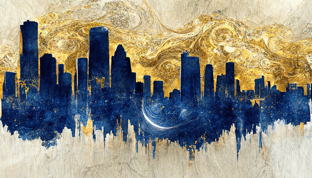 Spectacular blue and golden abstract city background on white background, water color with gold dust sparkling, glistening on the spiral cloud. Digital art 3D illustration.