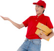 © N_studio - Young asian man in uniform red and cap standing carrying box stack isolated white background, employee holding cargo or package, courier and delivery, transportation and service, logistic concept.