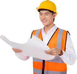 Portrait young asian man is engineer wearing helmet holding and looking blueprint with confident transparent, handsome male is architect or contractor, worker or labor concept.