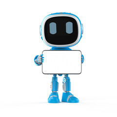 Poster - Blue robotic assistant or artificial intelligence robot with empty screen tablet