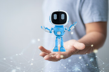 Poster - Small artificial intelligence robot assistant in human hand