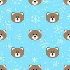 Wall Mural - Christmas seamless pattern with bear heads on snowing background. Cute cartoon seasonal surface. Animal character vector illustration.