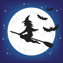 Vector Witch Silhouette Over The Moon. Halloween Illustration Of Mysterious Night With Full Moon And Flying Witch.