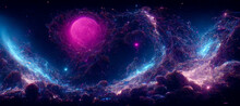 3D Rendering. Violet, Pink, Blue And Cyan Universe. Nebula And Stars In The Galaxy Background