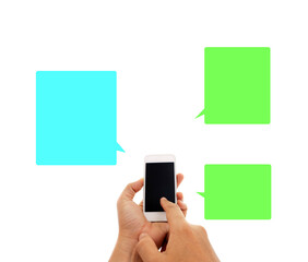 Wall Mural - Phone in hand - to work on a smartphone with opening speech on transparent background png file