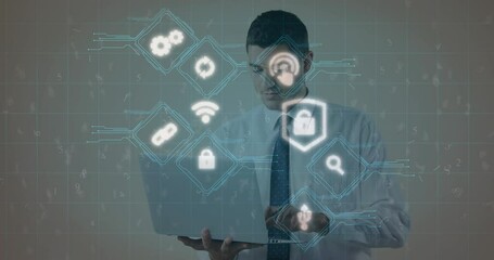 Poster - Network of digital icons against businessman using laptop