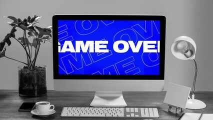 Poster - Animation of multiple game over white text over computer screen on desk on grey background