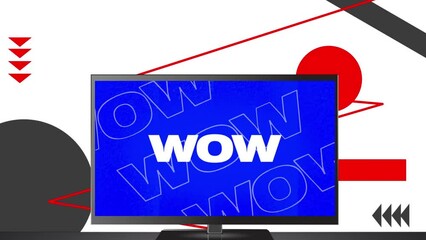 Poster - Animation of multiple wow white text over television screen with changing backgrounds and geometric 