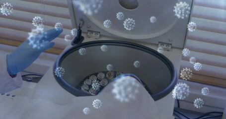 Poster - Animation of floating macro Covid-19 cells over female doctor taking samples