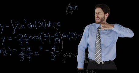 Poster - Animation of caucasian businessman over mathematical equations on black background