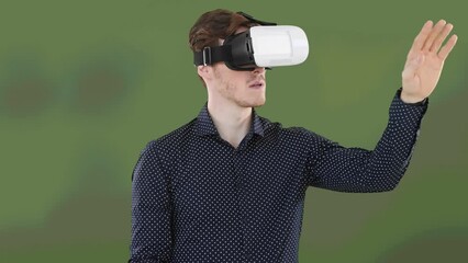 Poster - Animation of caucasian man wearing vr headset over green background
