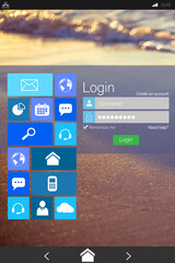 Poster - Digitally composite image of various computer icons with login window on device screen