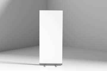 Wall Mural - Blank white roll-up banner display mockup on gray background, isolated, 3d rendering. Ready to present your design