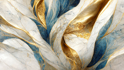 Wall Mural - Abstract luxury marble background. Digital art marbling texture. Blue, gold and white colors