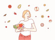 Portrait of a happy playful girl eating fresh salad from a bowl. Hand drawn style vector design illustrations.