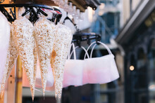 Newcastle Upon Tyne UK - 9th Dec 2019: Christmas Market Cone Of Popcorn And Cotton Candy For Sale