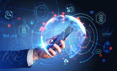 Poster - Businessman hand with smartphone, earth globe and digital icons hologram