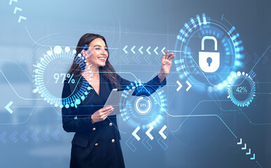 Poster - Businesswoman finger touch statistics with arrows and padlock hud