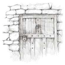 Charcoal Drawing Of An Old Stone House Wood Door
