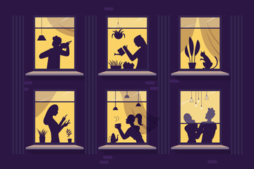 Shadows of people in windows of house at night vector illustration. Cartoon dark silhouettes of girl drinking tea and man playing violin, woman holding phone, couple standing behind curtain background