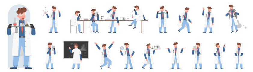 Wall Mural - Male scientist poses in side, front and back view set vector illustration. Cartoon man chemist with beard, lab coat and glasses working with microscope, laboratory equipment isolated on white