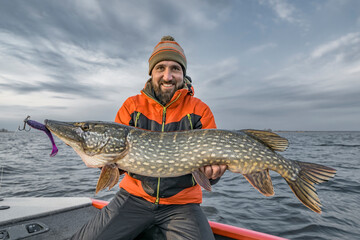 Successful pike fishing. Happy fisherman hold huge muskie fish