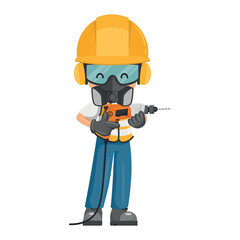 Construction industrial worker with personal protective equipment using a drill. Industrial safety and occupational health at work