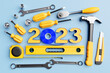 3D illustration inscription 2023 and   hand tools: screwdriver, hammer, pliers, screws, etc. for handmade.  The concept of the new year and Christmas in the  industrial field.