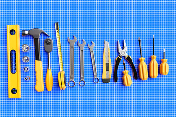 Wall Mural - 3D illustration  hand tools: screwdriver, hammer, pliers, screws, etc. for handmade. Various working tools. Construction, construction, renovation concept.