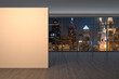 Downtown Philadelphia City Skyline Buildings from High Rise Window. Beautiful Expensive Real Estate overlooking. Empty room Interior. Mockup wall. Skyscrapers Cityscape. Night. Penn. 3d rendering.
