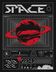 Wall Mural - retro futuristic poster with planet and rings, and grunge textures. fashionable print for clothes, t