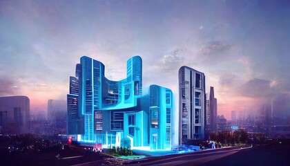 Aufkleber - Residential building illuminated by neon light in night city